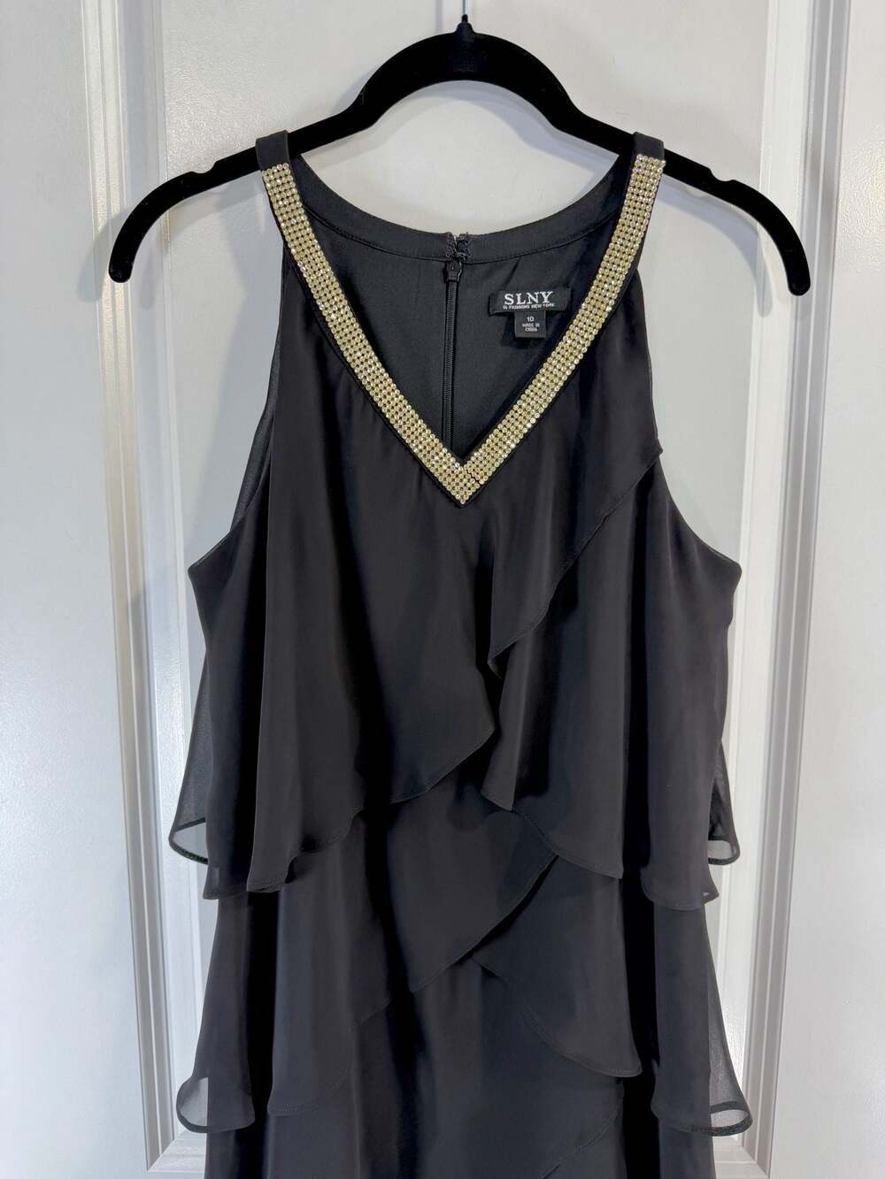 SLNY Black Chiffon Tiered Ruffle Cocktail Dress with Rhinestone V-Neck Size 10 - Picture 2 of 9
